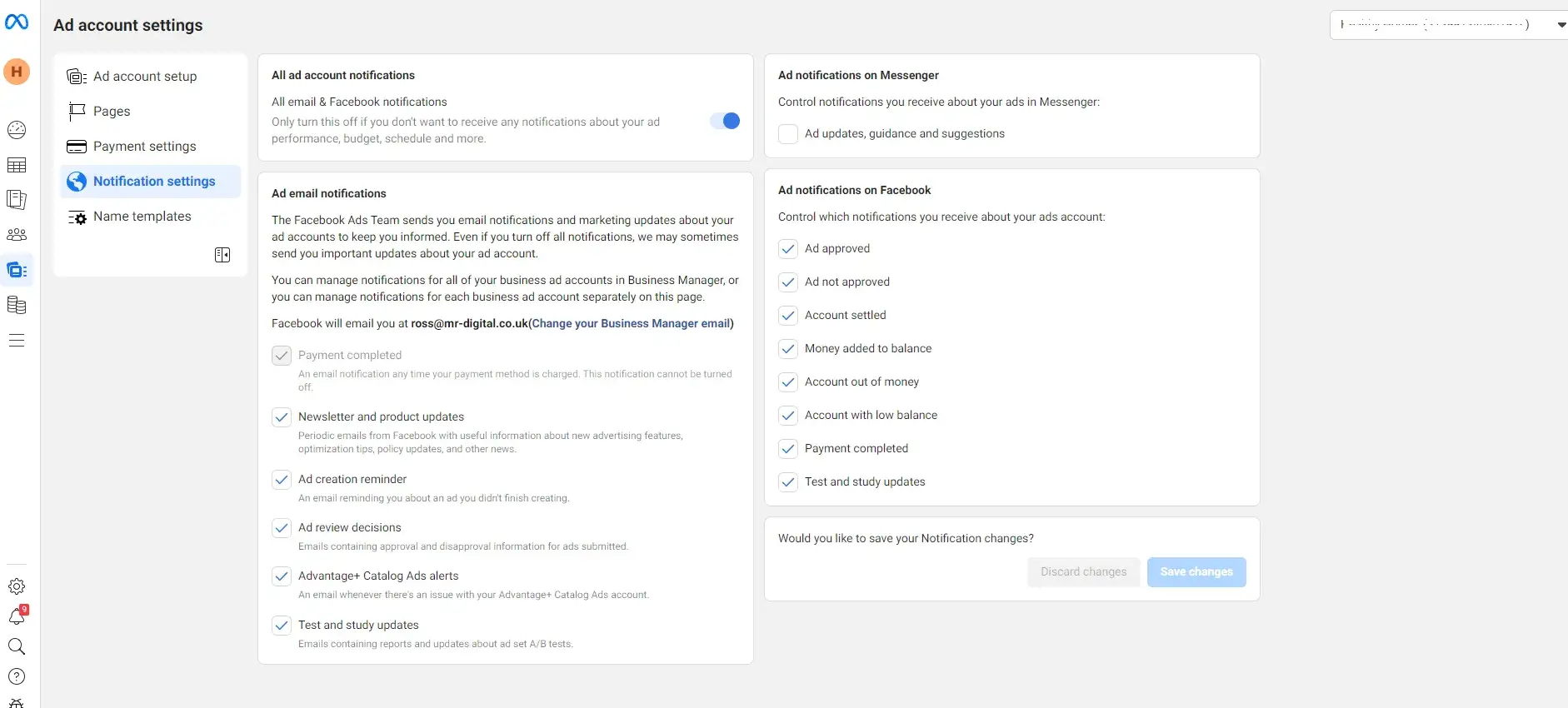 facebook ads account settings
