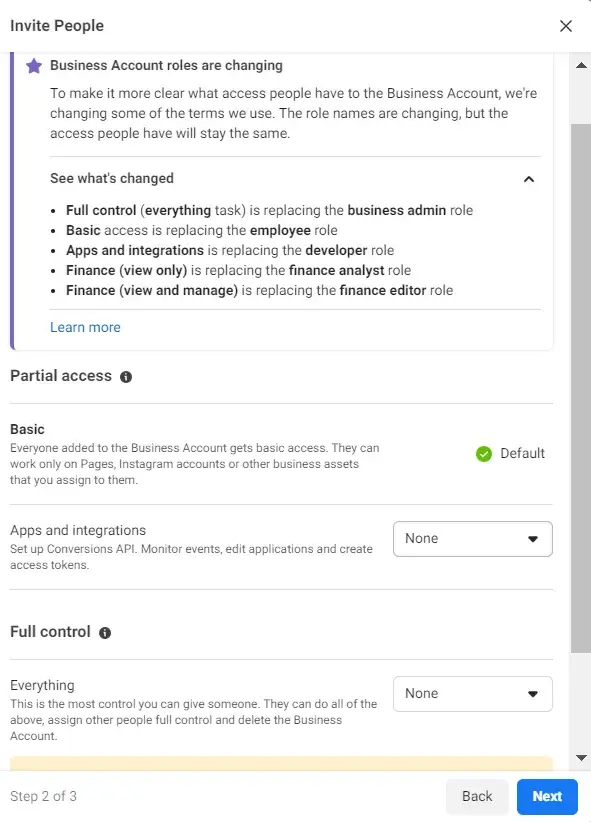fb business account role settings
